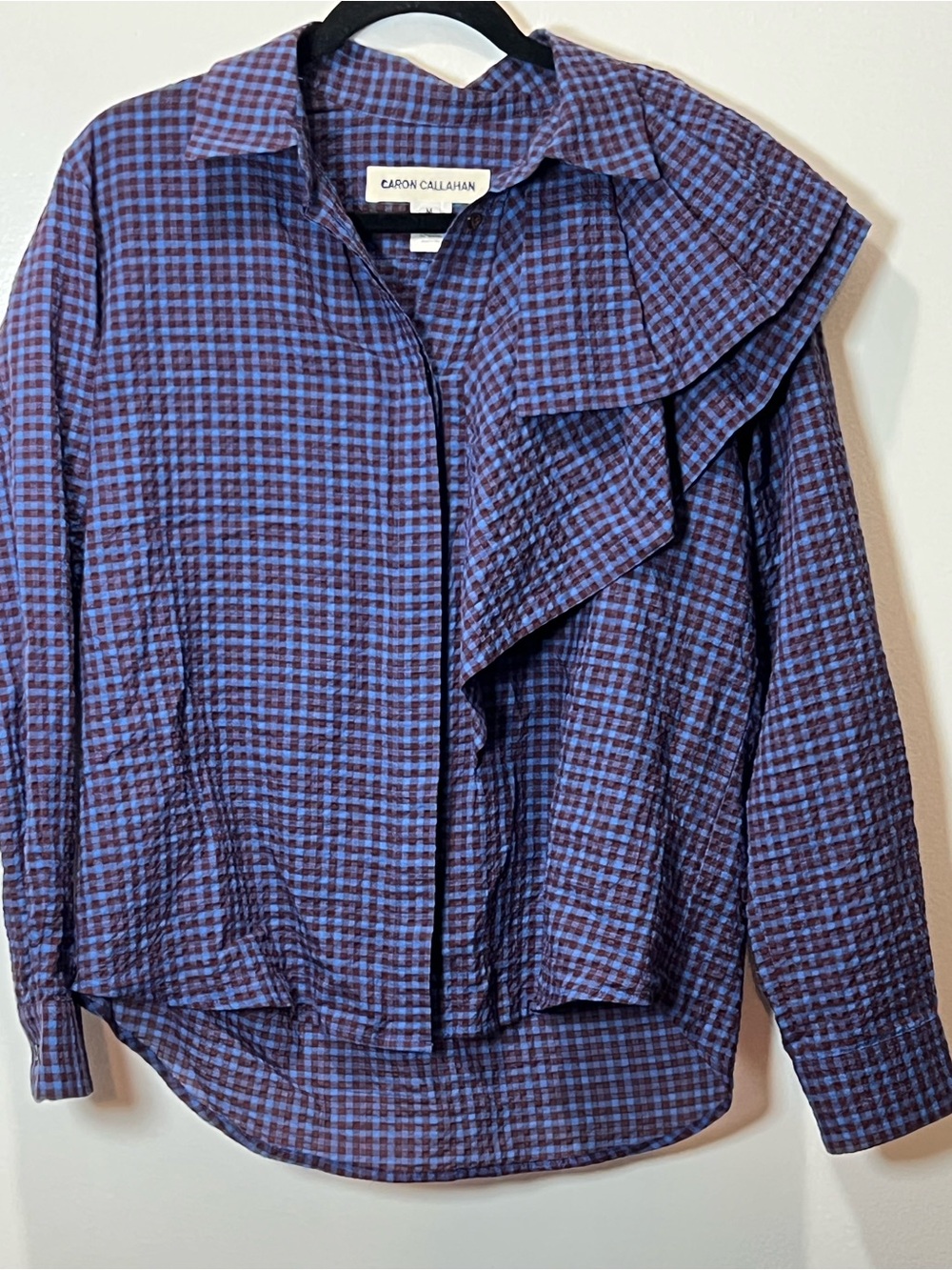 Caron Callahan Nadine Blouse Cerulean Puckered Mini Plaid Ruffle Shirt